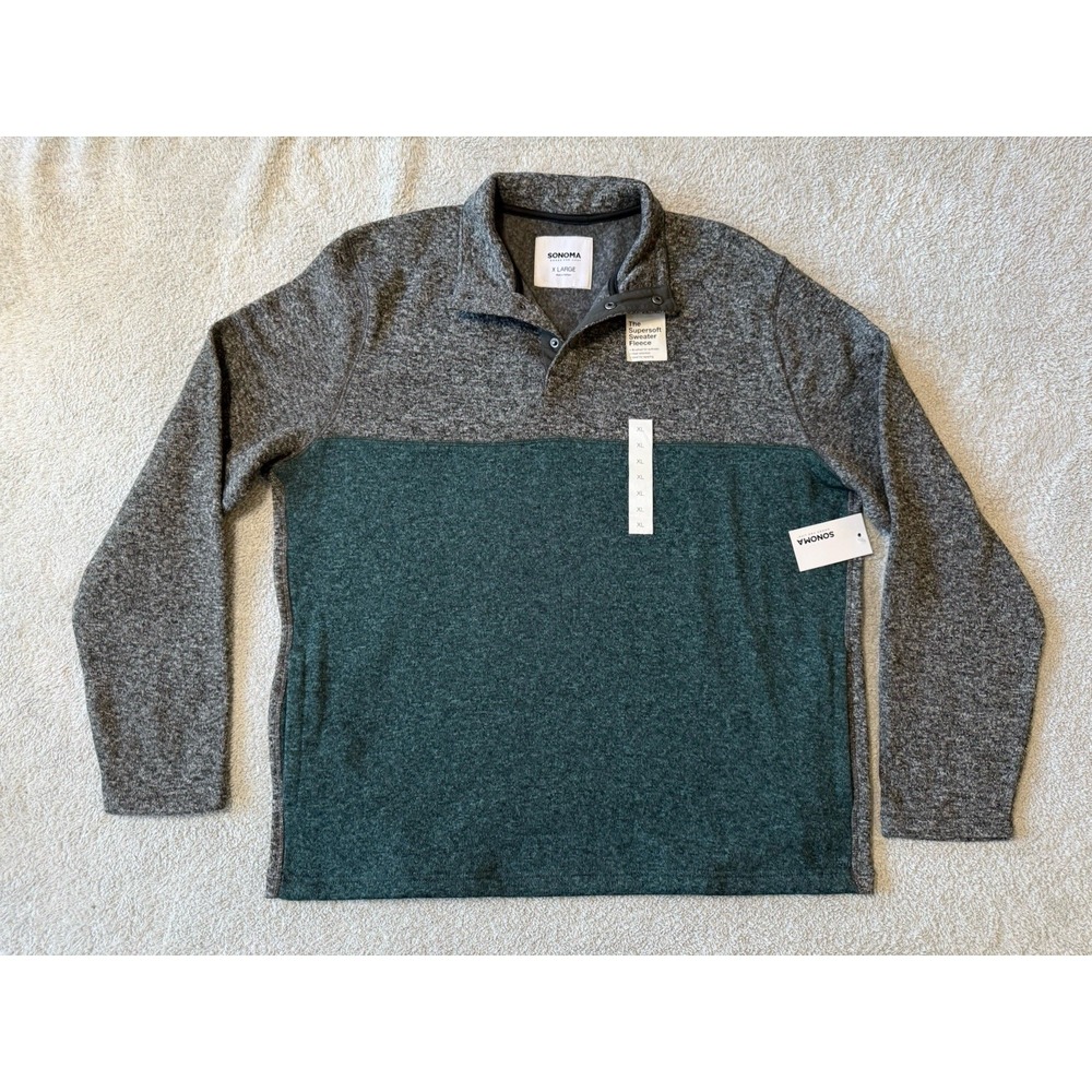 NWT Sonoma Supersoft Sweater Fleece Green/Gray Mens Size XL